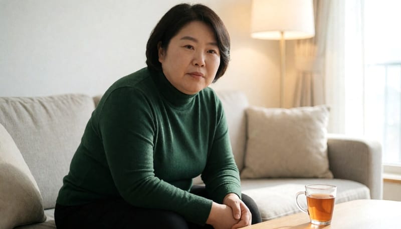 소파에 앉아 배를 감싸며 괴로운 표정을 짓는 여성