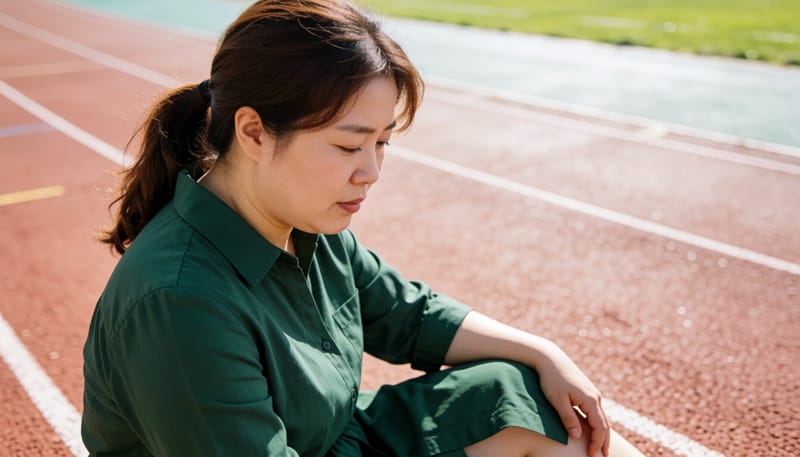 달리기 중 정강이 통증을 참는 여성의 모습