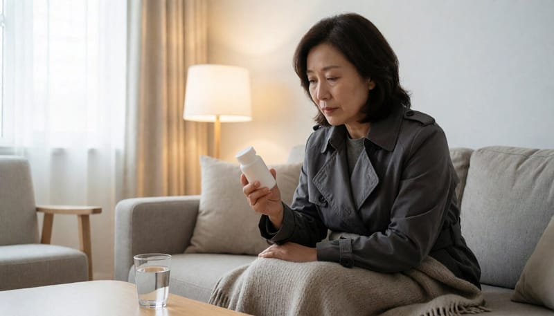 열감으로 담요를 두른 여성이 항생제 병을 들고 고민하는 모습