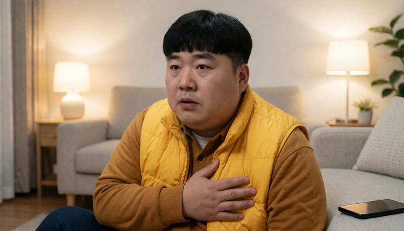 갑작스러운 가슴 통증과 호흡곤란을 겪는 모습