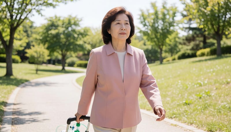 산소통을 끌며 걷기 운동을 하는 여성