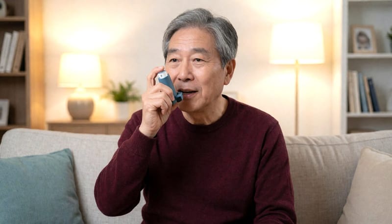 흡입기를 사용하며 숨을 고르는 중년 남성