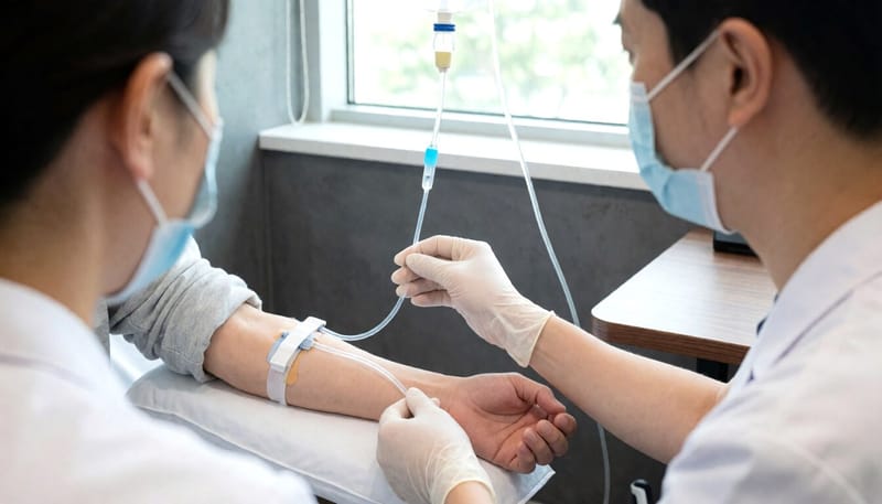 수액 치료를 받는 환자의 팔과 의료진의 손