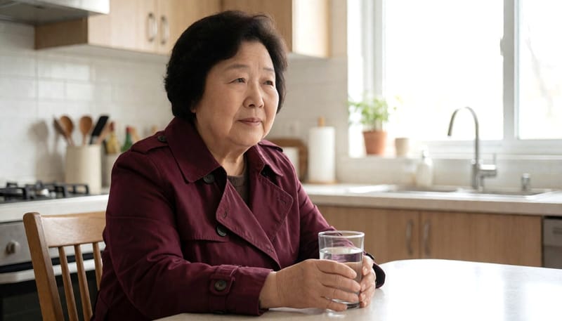 고칼슘혈증 증상으로 심한 갈증과 피로를 느끼는 노년 여성