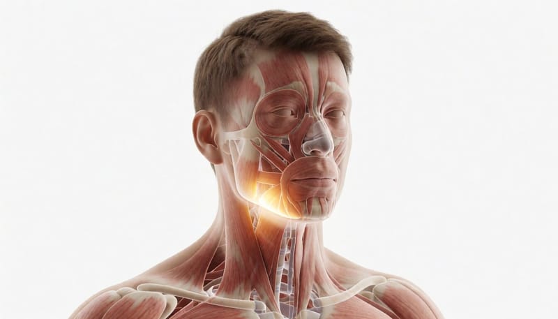 턱과 목 근육이 뻣뻣해지는 파상풍 증상을 보여주는 해부 그림