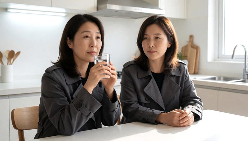 찬물을 마신 뒤 이가 시려 뺨을 짚는 여성