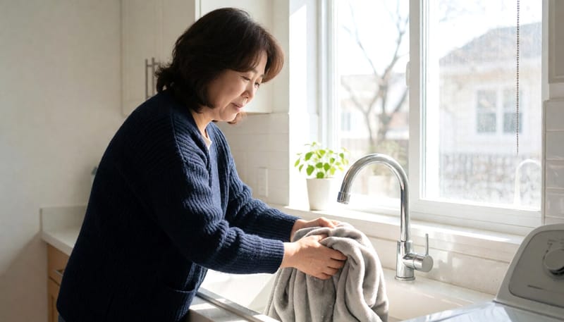 집에서 담요를 세탁하는 여성
