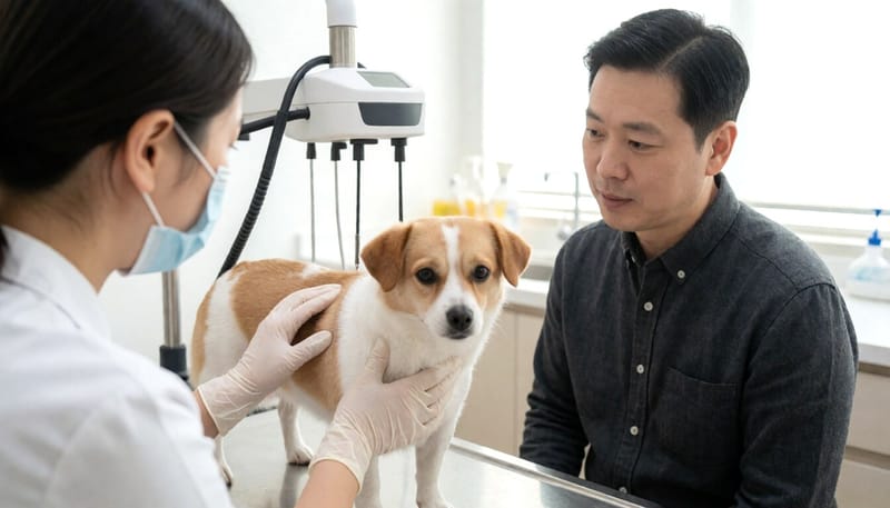 동물병원에서 반려견의 배를 촉진하며 진료하는 모습