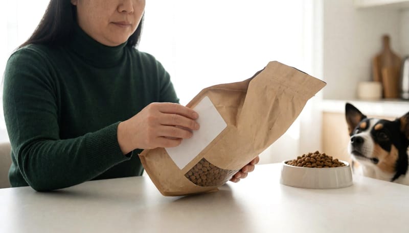사료 포장을 확인하며 리콜 여부를 살펴보는 보호자