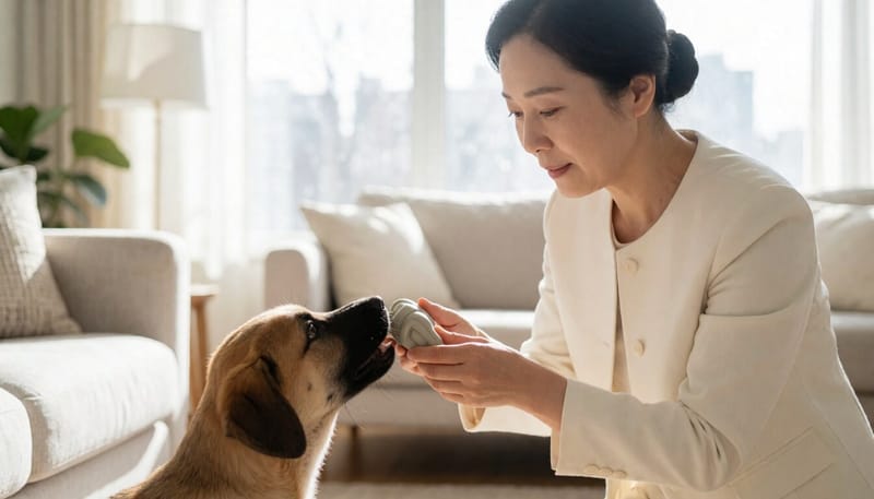보호자가 치발완구로 강아지의 물어뜯기 행동을 교정하는 모습