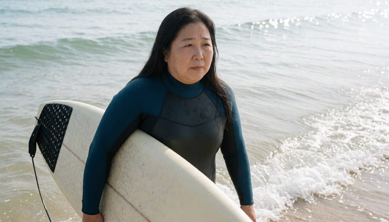 서핑 초보자가 얕은 물에서 작은 파도에 균형을 맞추는 모습