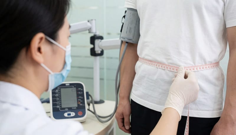 병원에서 허리둘레와 혈압을 함께 확인하는 모습