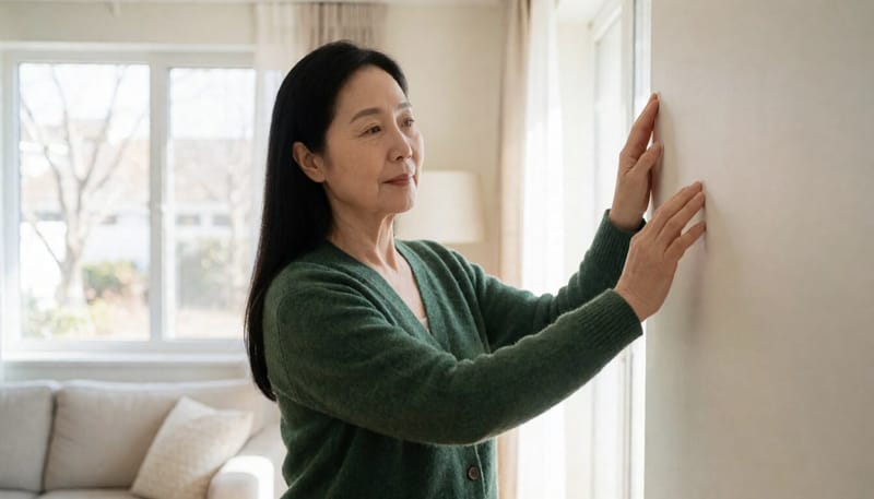 벽 짚고 손가락을 올리며 어깨 스트레칭을 하는 모습