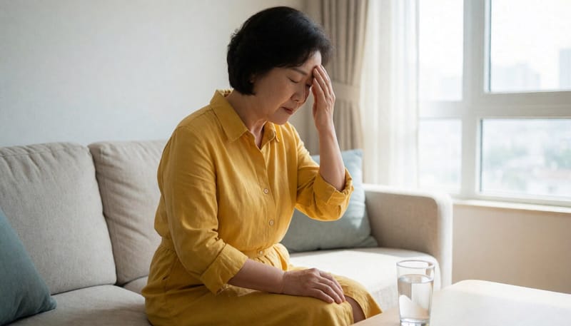 어지럼증을 느끼며 이마를 짚고 있는 중년 여성