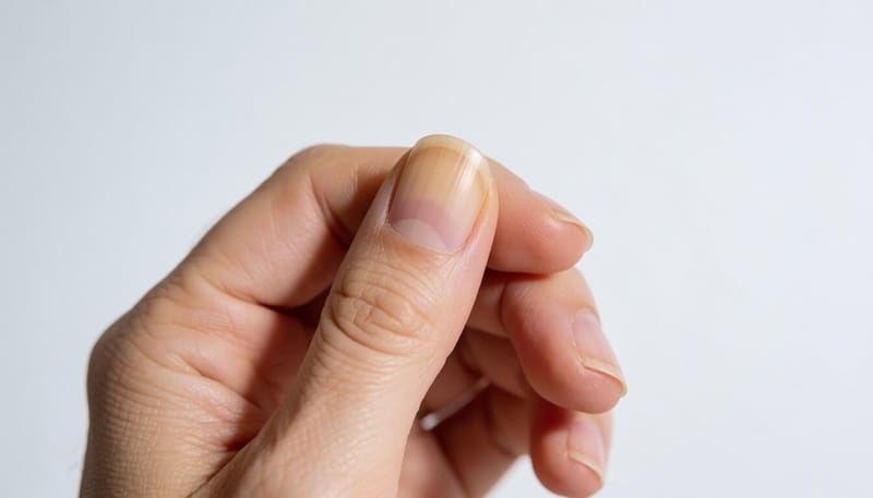손톱 끝이 누렇게 변하고 두꺼워진 모습을 클로즈업한 사진