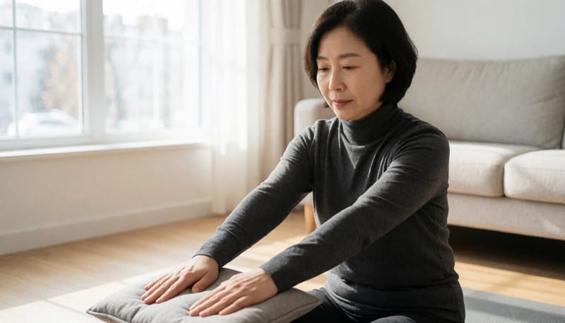 온열팩을 대고 허리 스트레칭을 하는 여성