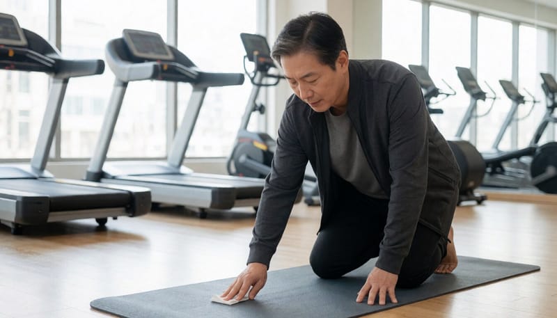 운동 전 요가매트를 소독 티슈로 닦는 남성의 모습