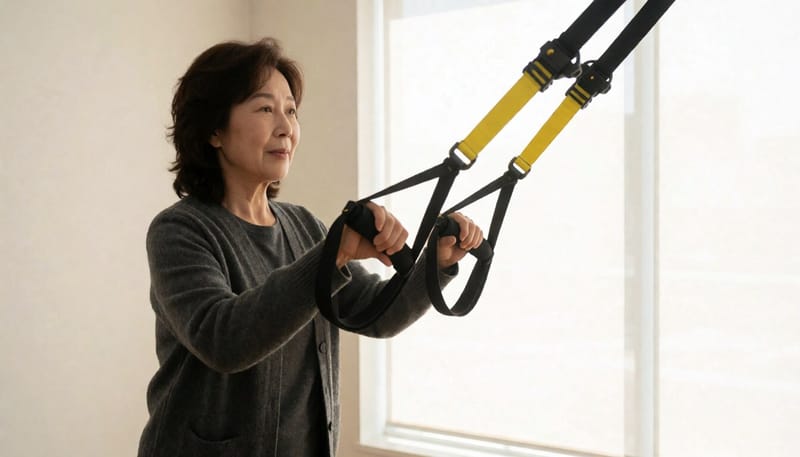 TRX 스트랩을 잡고 얕은 각도로 몸을 기울이며 운동하는 여성