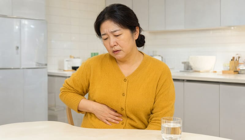 피로감과 복부 불편을 느끼며 자가 확인하는 여성의 모습