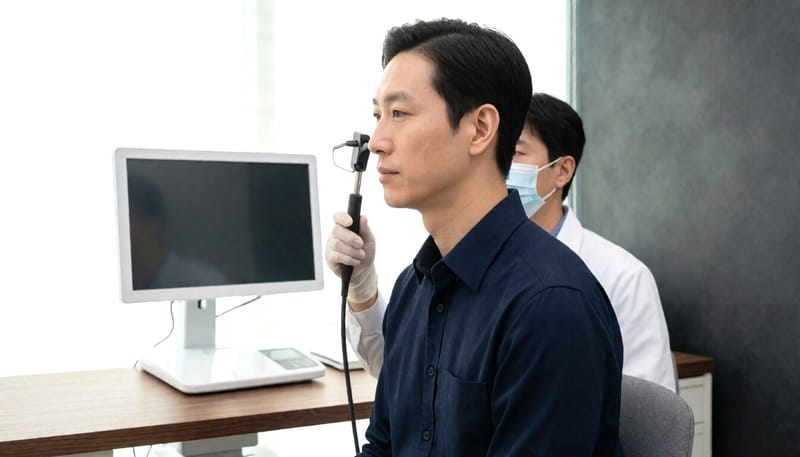 후두내시경으로 성대 상태를 검사받는 환자