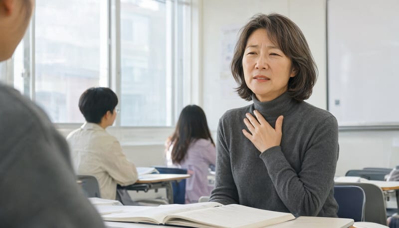목을 짚으며 힘겹게 말을 이어가는 여성의 모습