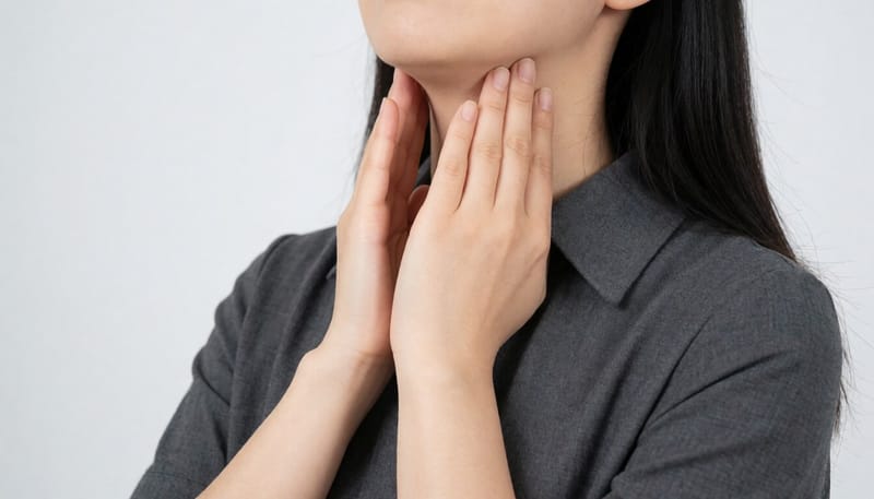 목 앞쪽을 손으로 짚어 갑상선 부위의 부기를 확인하는 모습