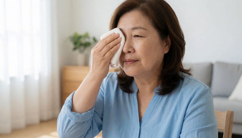 따뜻한 찜질로 눈 건조증을 관리하는 모습