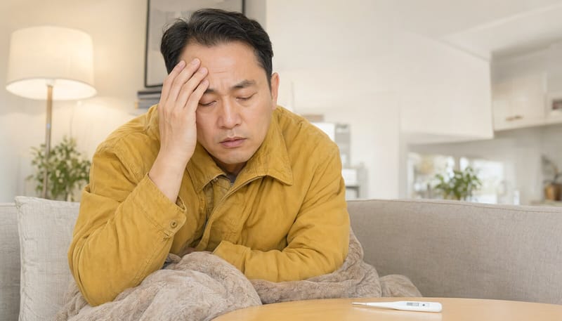집에서 고열과 오한으로 몸을 떠는 중년 남성의 모습