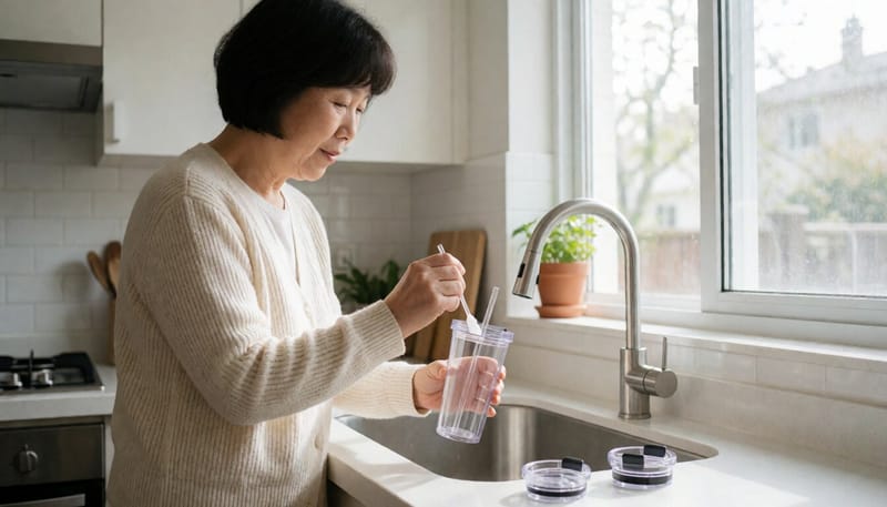 여성이 주방에서 텀블러 빨대를 솔로 닦고 있는 모습