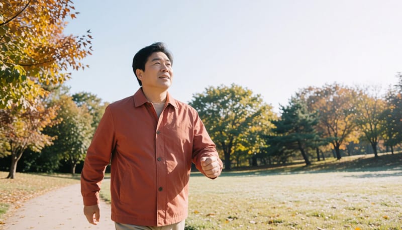 맑은 낮 시간에 공원을 걸으며 햇빛을 쬐는 중년 남성