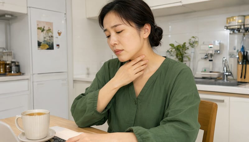 목이 쉬고 따끔거려 목을 짚고 따뜻한 차를 마시는 여성