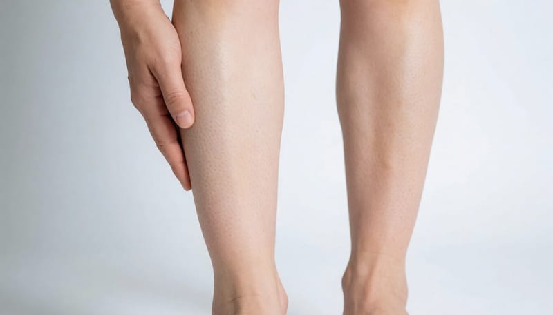 한쪽 다리만 붓고 붉게 변한 모습을 보여주는 다리 클로즈업