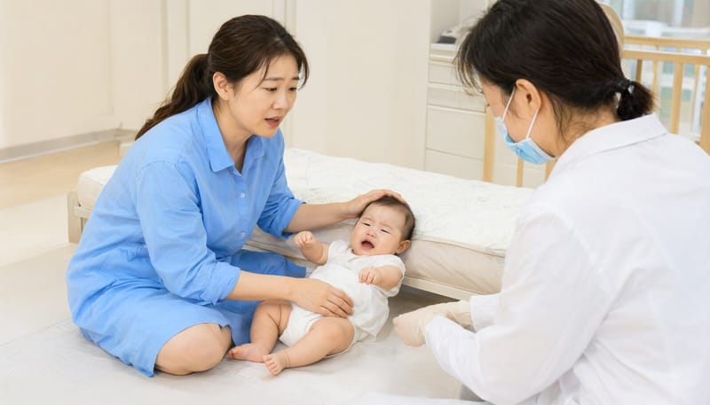 침대에서 떨어진 아기를 살피는 보호자