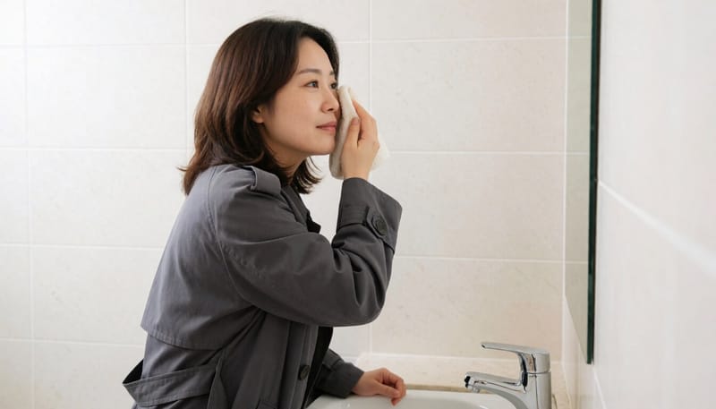 눈꺼풀에 따뜻한 찜질을 하는 여성의 모습