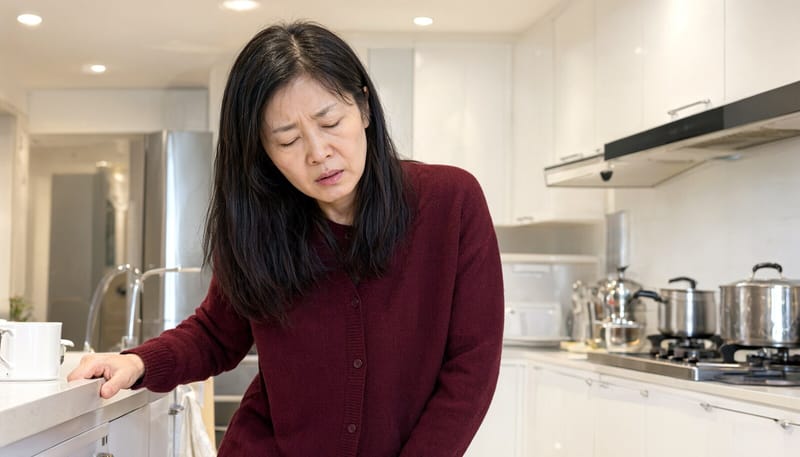 아침에 어지럼증을 느끼며 주방 조리대를 짚고 서 있는 여성