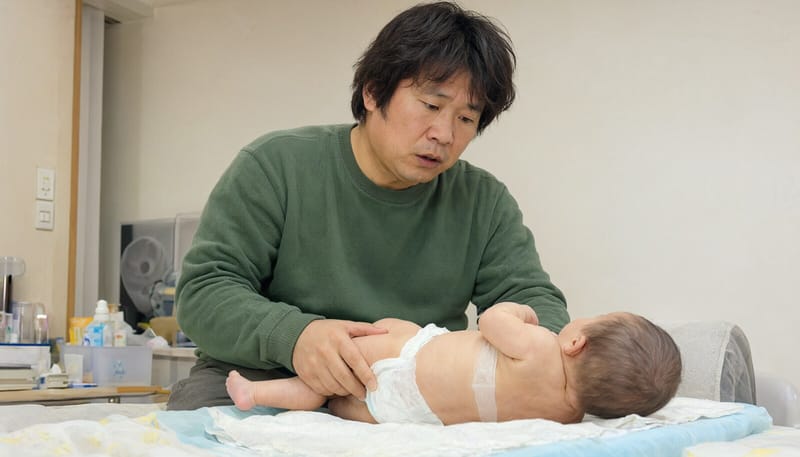 아기의 기저귀 상태를 확인하는 보호자