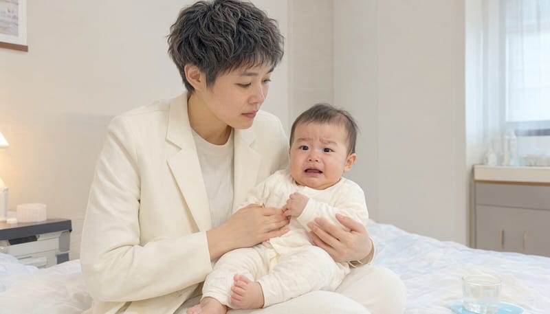 집에서 우는 아기를 달래는 보호자