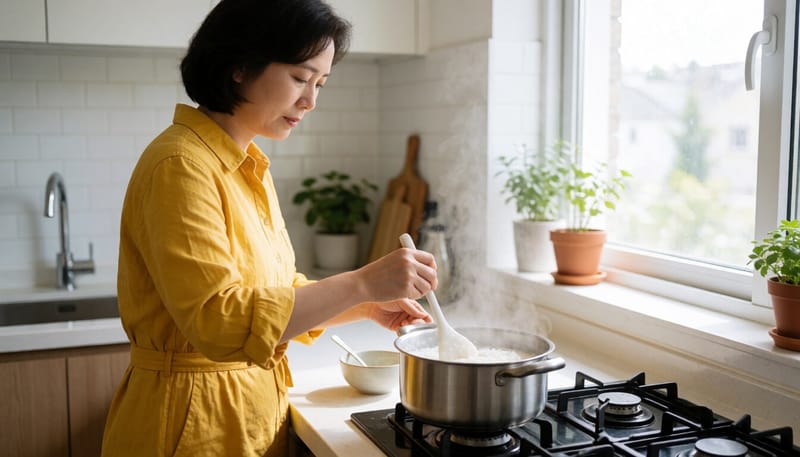 식중독 회복기에 맞는 부드러운 죽을 준비하는 모습