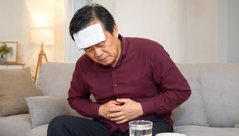 갑작스러운 복통과 메스꺼움을 느끼는 모습
