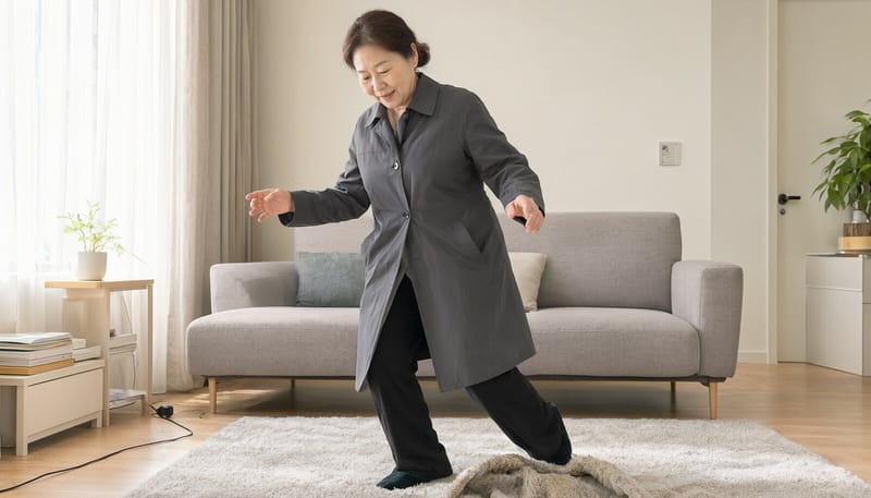 거실에서 러그에 발이 걸려 휘청거리는 60대 여성의 모습