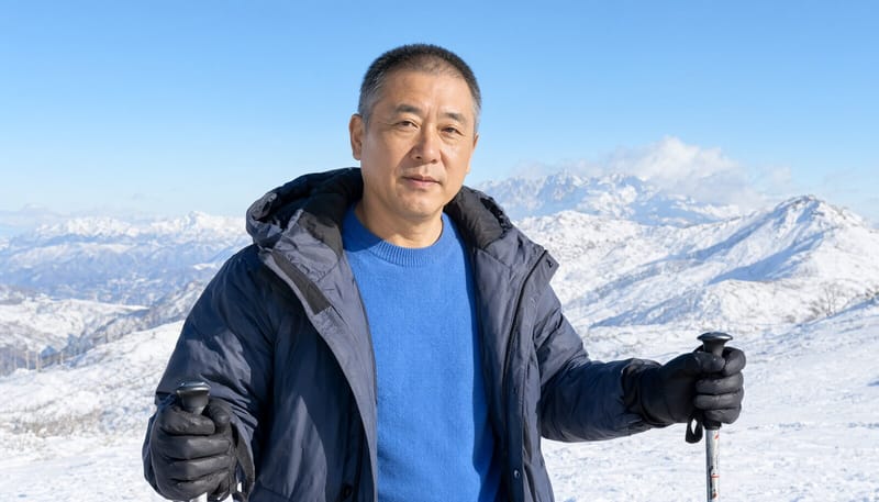 눈 덮인 겨울 산에서 강한 햇빛에 눈이 부신 남성