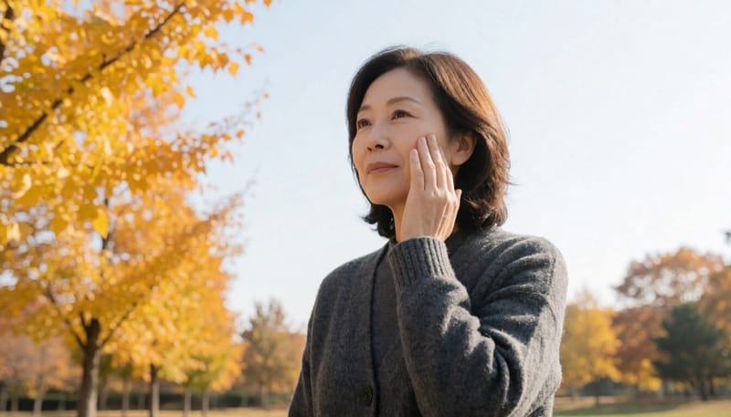 가을 공원에서 선크림을 바르는 중년 여성