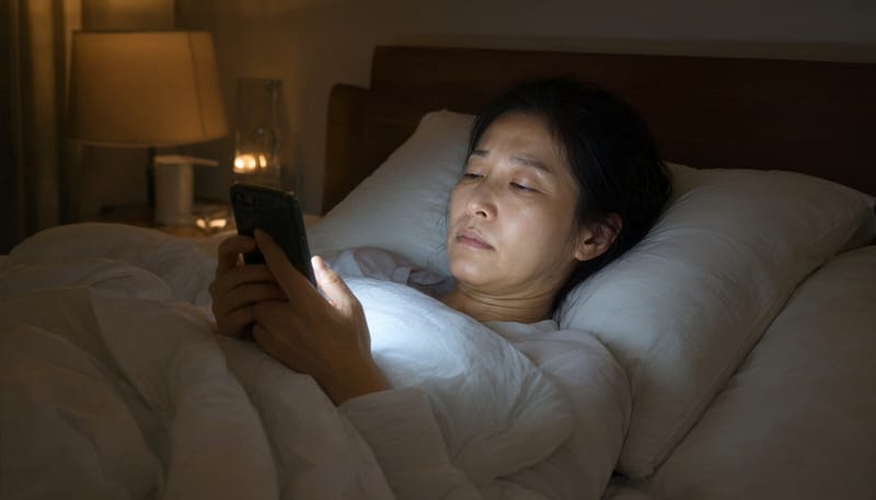 밤늦게 스마트폰을 보며 잠들지 못하는 여성