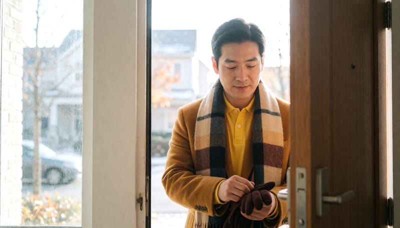 외출 전 목과 손을 따뜻하게 감싸는 남성