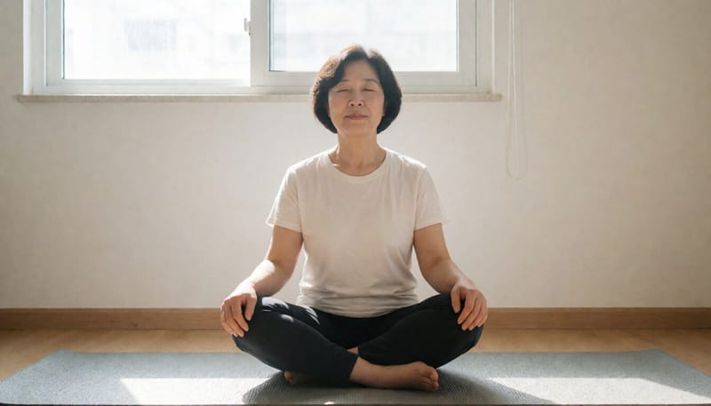 스트레스 완화를 위해 집에서 호흡 운동을 하는 여성