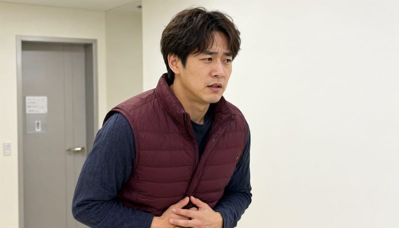복통을 느끼며 화장실로 향하는 남성의 모습