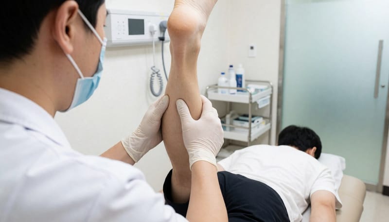 다리를 들어 신경 압박 여부를 확인하는 검사 장면