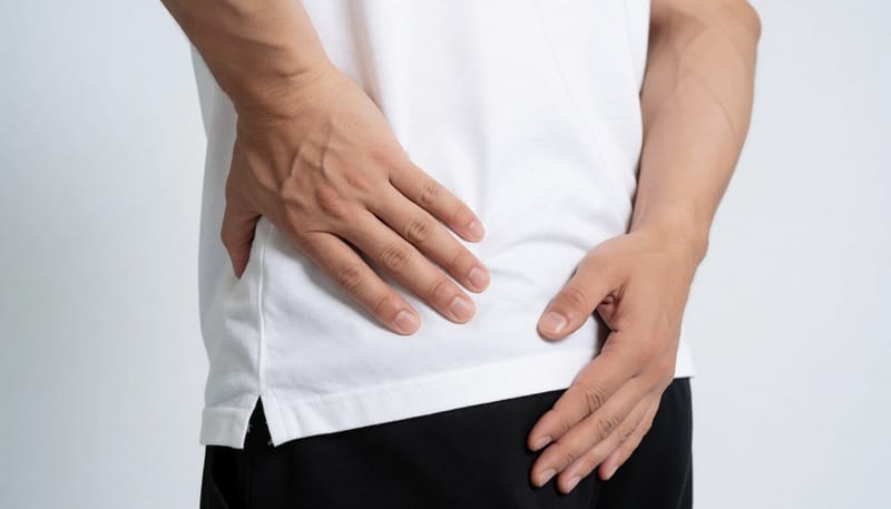 허리를 짚은 손과 다리 뒤쪽을 움켜잡은 모습으로 허리에서 다리로 이어지는 저림을 표현한 이미지