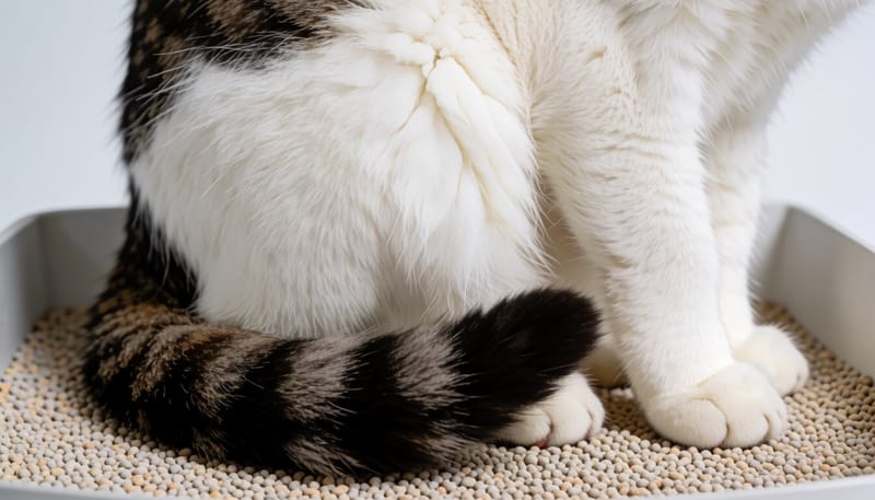 배뇨 시 긴장한 자세로 웅크린 고양이 뒷모습