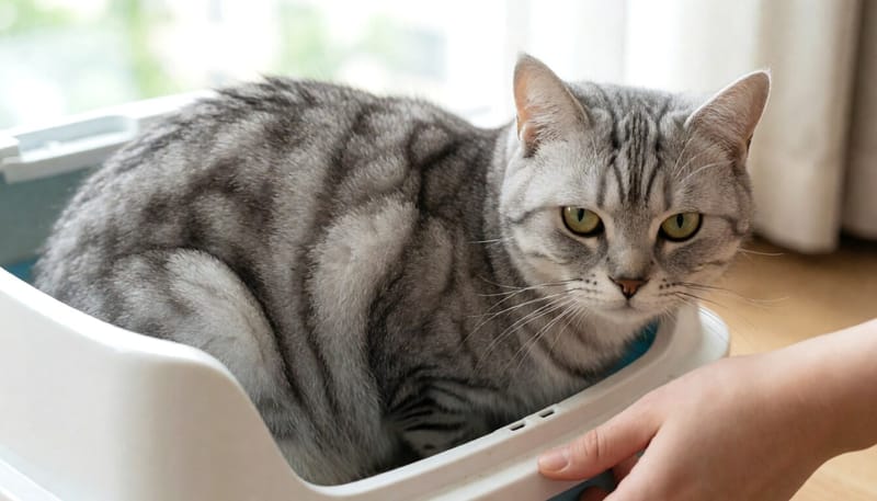 화장실에서 배뇨 자세로 끙끙대는 고양이